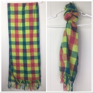 Soft Flannel Day Glo Yellow Teal Pink Plaid Scarf